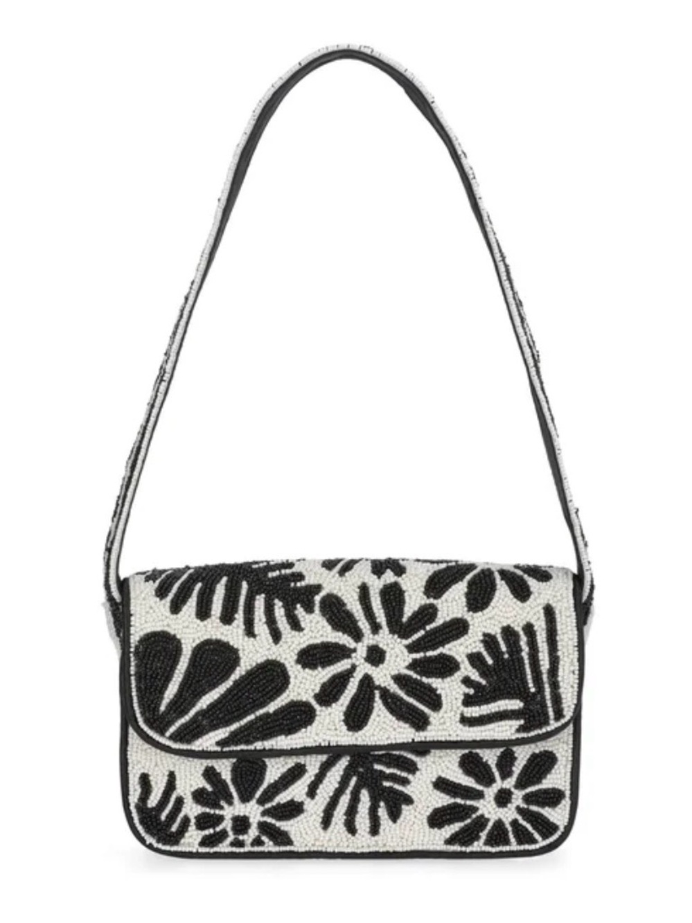 Black & White Floral Beaded Shoulder Bag - Designer Style